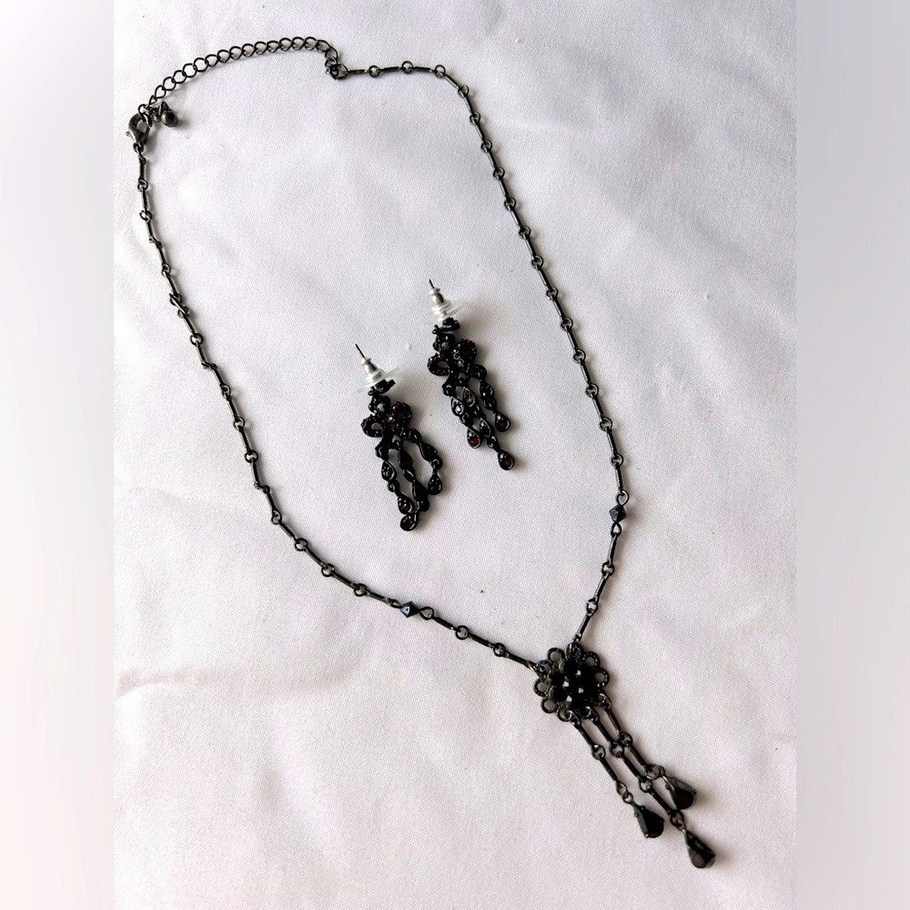 Black Metal and Crystal Necklace and Earrings